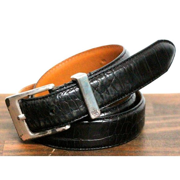 Lauren Ralph Lauren BLACK CROCO REAL LEATHER 1"Wd SKINNY WOMEN'S BELT Sz S (60M) - Picture 1 of 6